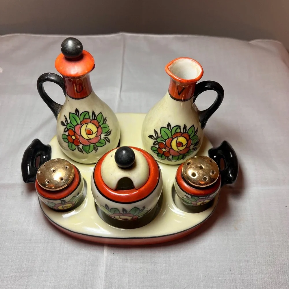 VTG Hand Painted Japanese Condiment Set w/ Caddy Oil Vinegar Salt Pepper mustard